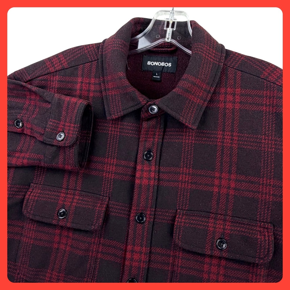 Bonobos Flannel Overshirt Shacket Men Large Red Black Plaid Stretch Pockets